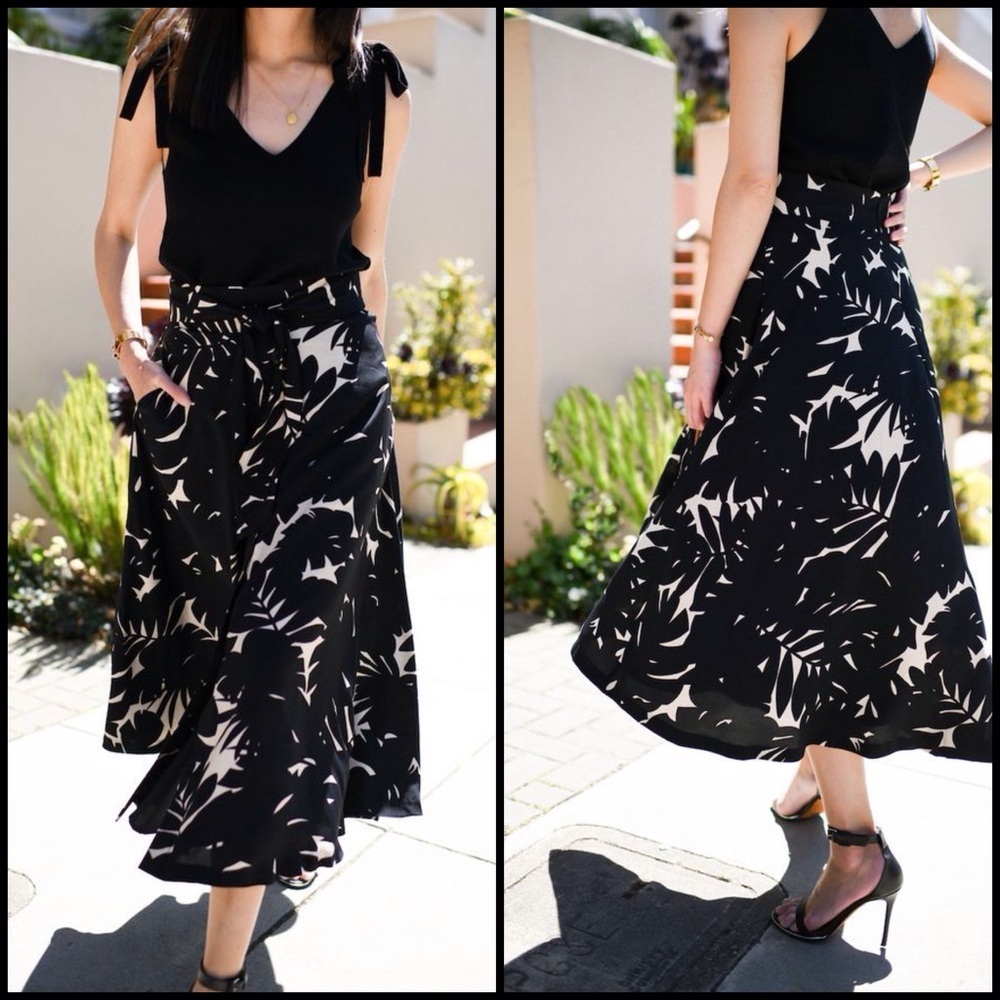 Ann Taylor Tie Waist Black Cream Palm Tree Tropical Classic A-line Midi Skirt 6T
